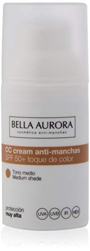 Bella Aurora Crema Facial con Color SPF 50+, 30 ml | CC Cream para Todo Tipo de Piel | Protector Solar Anti-Manchas | CC CREAM Tono Medio