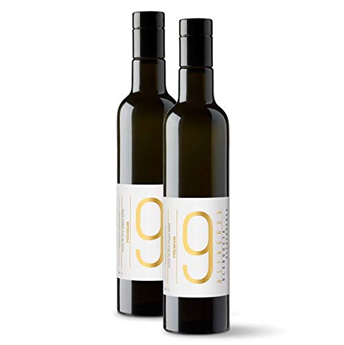 9 Oliveres Aceite de Oliva Virgen Extra. Olivos Milenarios. Variedad Premium, 500 ml. Cosecha 2021 - 2023. Variedades: 70% Alfafarenca 30% Blanqueta. Botella de vidrio (2 x 500 ml)