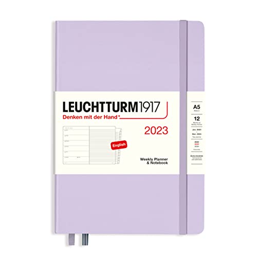 LEUCHTTURM1917 365879Agenda semanal y cuaderno mediano (A5) 2023, con folleto, lila, inglés