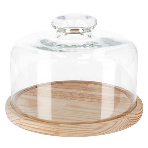 Quesera redonda con tapa de cristal y base de madera 25 x 18 cm. Recipiente para conservar frescos quesos o embutidos