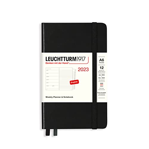 Leuchtturm1917 365893 Planificador semanal de bolsillo y cuaderno 2023 de tapa dura, color negro, con folleto extra