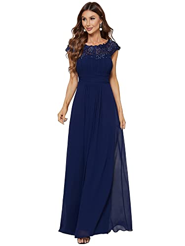 Ever-Pretty Vestido de Fiesta Encaje Largo para Mujer Talla Grande A-línea Gasa Escote Redondo Corte Imperio Elegantes Azul Marino 56