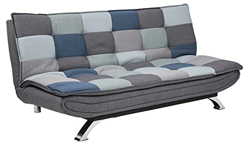 AC Design Furniture Jasper Sofá Cama Patchwork Azul/Gris, con 3 Posiciones Reclinables, Moderno de 3 plazas sin Reposabrazos, Tapizado con Patas Cromadas, L: 196 x A: 91 x P: 98 cm
