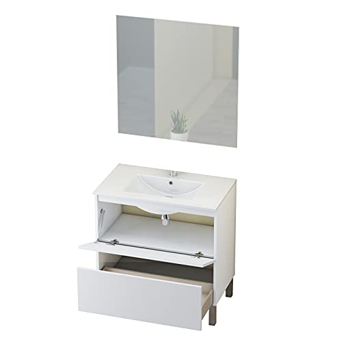 BAIKAL Conjunto Mueble de Baño con Lavabo y Espejo, con Patas, en Varios Acabados, Melamina 16. Puerta + Cajón 60 cm Blanco