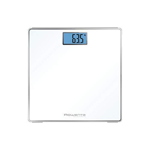 Rowenta Classic BS1501 - Báscula de baño con Pantalla LCD, Compacta, Capacidad de 160 kg, Plataforma de Vidrio y Apagado Automático que Incluye Pilas, color blanca