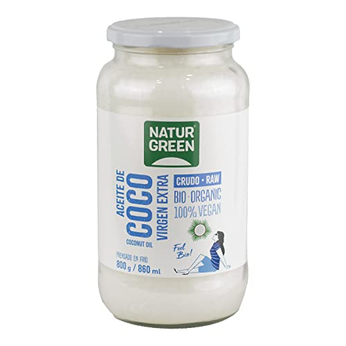 NaturGreen - Aceite de Coco Bio, Virgen Extra, Ideal para Cocinar, Hidrata Piel y Cabello, Ingredientes Naturales, Apto para Veganos - 860ml/ 800g