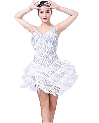 Mujer Vestido de Competición Latina Franja Borla de Lentejuelas Falda de Baile Salsa Tango Samba cha cha Rumba Blanco Un tamaño