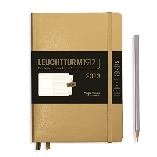 Leuchtturm1917 365890 Planificador semanal y cuaderno 2023 dorado mediano tapa dura, con folleto extra