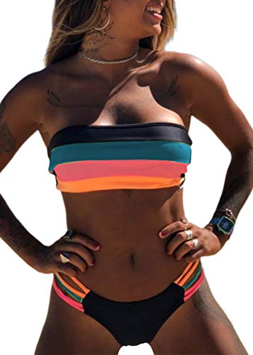 JFAN Mujer Conjunto de Bikini Dividido Colorido Rayas Sin Tirantes Cosido Sujetador Acolchado Sin Respaldo Push-up Bikinis Bottoms Ropa de Playa Traje de Baño(Azul Rosa,M)
