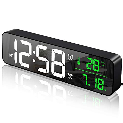 MOSUO Reloj Despertador Digital, Reloj de Pared con Temperatura Tiempo Fecha, 10' Gran Pantalla LED Espejo Reloj Digital con 2 Alarma 40 Música 6 Niveles de Brillo USB Puerto, Negro
