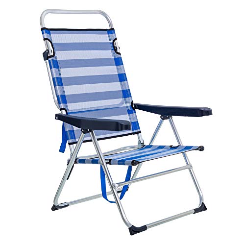 LOLAhome Sillón de Playa Plegable de Rayas Azul y Blanco, Convertible en Cama, de Aluminio y textileno de 61x56x110 cm