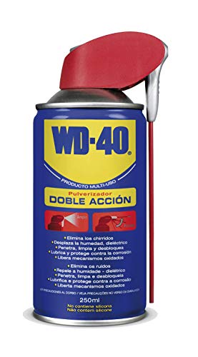 WD-40 Producto Multi-Uso Doble Acción Spray 250ml. Lubrica, Afloja, Protege del óxido, Dieléctrico, Limpia metales, plásticos y Desplaza la humedad