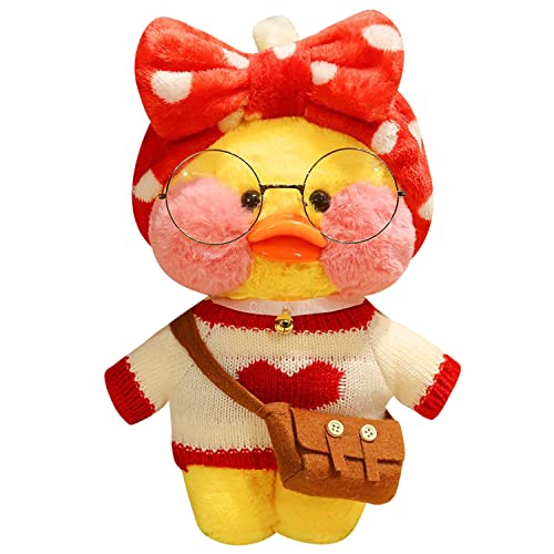 Tocwick Juguete de peluche de pato con disfraz de muñeca de animal con bolsa de suéter, gafas y sombrero, abrazable, linda almohada de peluche, regalo de cumpleaños (punto rojo)
