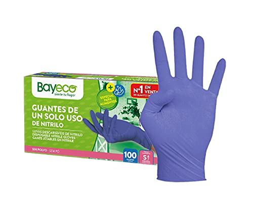 Bayeco - Guantes de un solo uso de Nitrilo - Color Azul - Ambidiestros - Terminación bordillo enrollado - Dedos texturizados para mejor agarre - Pack dispensador de 100 unidades - Talla S