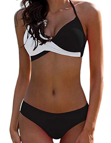 Bikini Elegante Traje de Baño Conjunto Bañador Halter Sexy Sólido para Mujer Ropa de Playa Traje de Baño Bikini Sets Talla Grande (Negro, M)