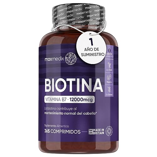 Biotina para el Cabello 12000 mcg Natural, 365 Comprimidos Veganos para Mujer y Hombre - Suplemento Vitamina B7 de Biotina Cabello Piel y Uñas que Contribuye a su Crecimiento, Suministro para 1 Año