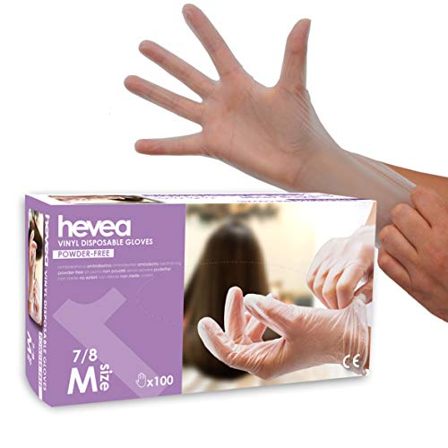 Hevea - Guantes desechables de vinilo. Sin talco ni látex. Caja de 100 guantes. Talla M (mediana), transparente