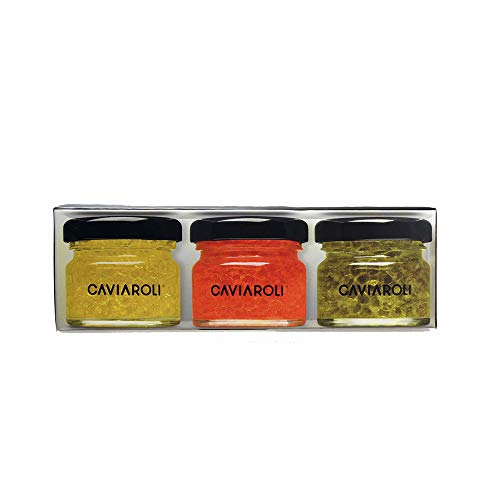 Caviaroli - Encapsulado de Aceite de Oliva - Perlas de Aceite Gourmet para Aliño o Decoración - Pack de 3 sabores, Virgen Extra, Guindilla y Albahaca - 3x20 g