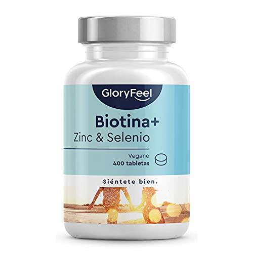 GloryFeel Biotina + Zinc + Selenio - 400 Comprimidos Veganos (Suministro para 1+ año) - Apoya el crecimiento del cabello y fortalece la piel y las uñas - Sin aditivos innecesarios