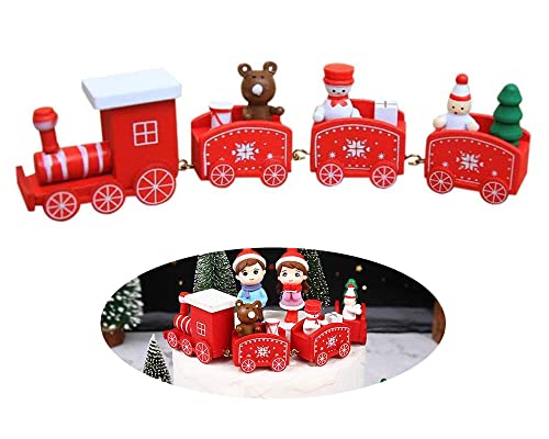 PHIEZC Tren de madera, pequeño tren de decoración, mini tren de madera, muñeco de nieve, oso de nieve, decoración de árbol de Navidad, juguete de Navidad, regalo, decoración de Navidad, (rojo)