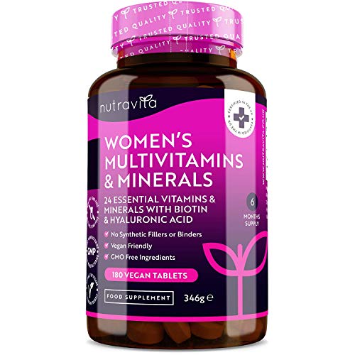 Multivitaminas y Minerales Veganas Para Mujer - 24 Vitaminas y Minerales Activos Esenciales que Incluyen Biotina y Ácido Hialurónico - 180 Tabletas Veganas - Fabricado por Nutravita