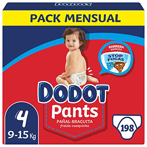 Dodot Pañales Bebé Pants Talla 4 (9-15 kg), 198 Pañales, Pañal-Braguita con Ajuste 360° Anti-Fugas, Pack Mensual