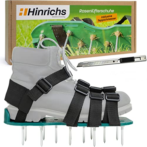 Hinrichs Zapatos Aireador para Cesped - 2 Zapatos de Aireador de Cesped Suela de 30 x 13,3 cm y Púas de 25 mm; Zapatos de Aireador Jardin de Tamaño Ajustable - Aireador Cesped Rodillo