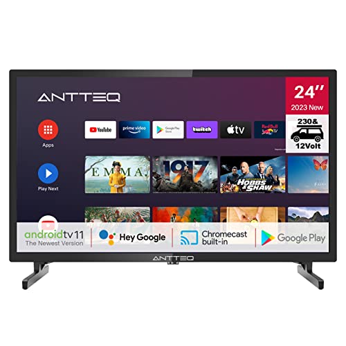 Antteq AG24N1C Android TV Smart TV 24 Pulgadas (61 cm) con Adaptador para Auto 12V, Google Assistant, Chromecast, Netflix, Prime Video, Disney+, WiFi, Triple Tuner, Android TV 11, 230V/12V