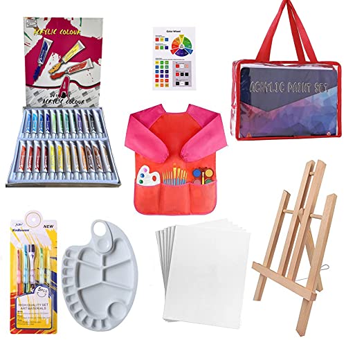 24 Color Pinturas Para Niños, Juego de Manualidades,39 pcs kit pinceles con paleta pinceles, caballete de lienzo, delantales impermeables para pintar(rojo)