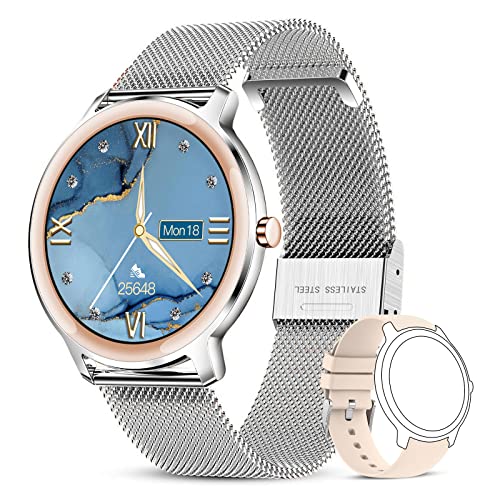 LIGE Smartwatch, 1.1'' Reloj Inteligente Mujer Impermeable IP67 para Pulsómetro Monitores de Actividad, Reloj para Mujer con Pulsera de Malla para Android e iOS Plata, Regalo Navidad