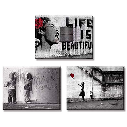 Piy Painting 3X Impresión de la Lona Chica con Globo Rojo La Vida es Hermosa Graffiti Boys en la Calle Decoración Cuadro en Lienzo Sala de Estar Cocina Aniversario 30x40cm