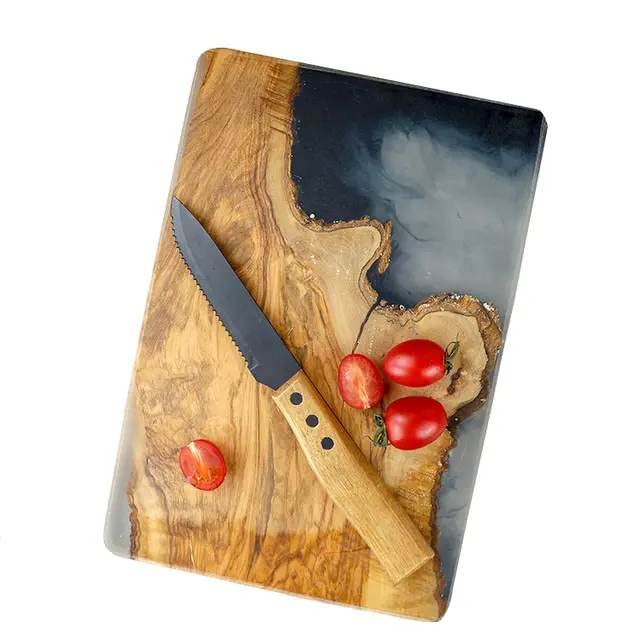 Tabla de cortar de madera de olivo y resina epoxy, bandeja de queso de madera, bandeja de aperio, tabla de pan, bandeja de presentación y servicio decorativo y moderno ideal para la cocina (S)