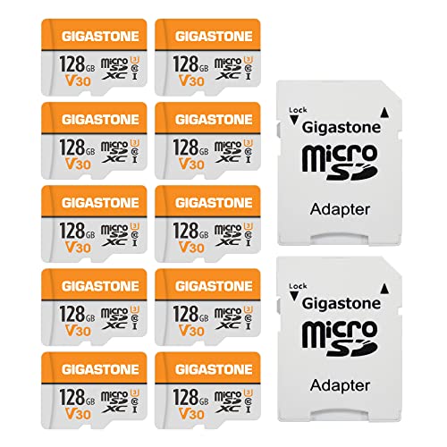 Gigastone Tarjeta de Memoria Micro SD 128GB, Paquete de 10, Vídeo 4K UHD, Cámara de Vigilancia y Seguridad, Cámara de Acción, Drone Profesional, 95MB/s Micro SDXC UHS-I A1 Clase 10