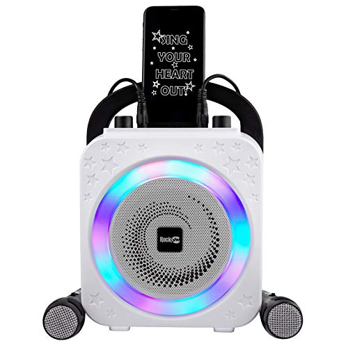 Máquina de Karaoke Bluetooth recargable RockJam de 10 vatios con dos micrófonos, efectos de cambio de voz y luces LED