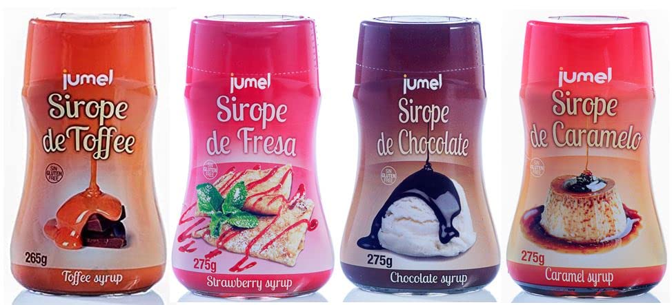 Pack de 4 unidades de Sirope JUMEL sin gluten multisabor fresa, toffee, caramelo y chocolate. Formato antigoteo en botellas de 275g.